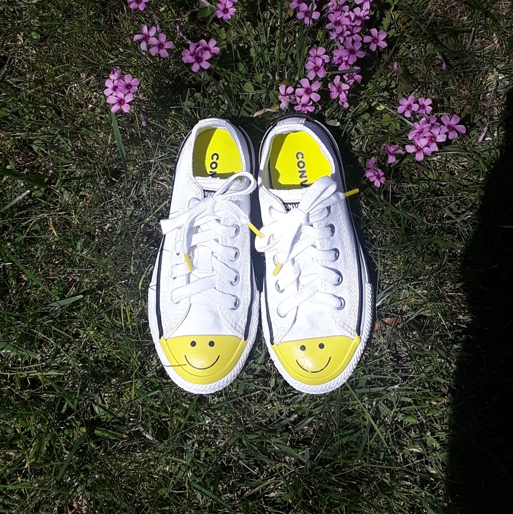 White Sneakers With Yellow Happy Face Sneakers.